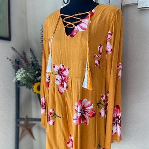 NWT Crescent Orange Floral Bell Sleeve Midi Boho Dress L